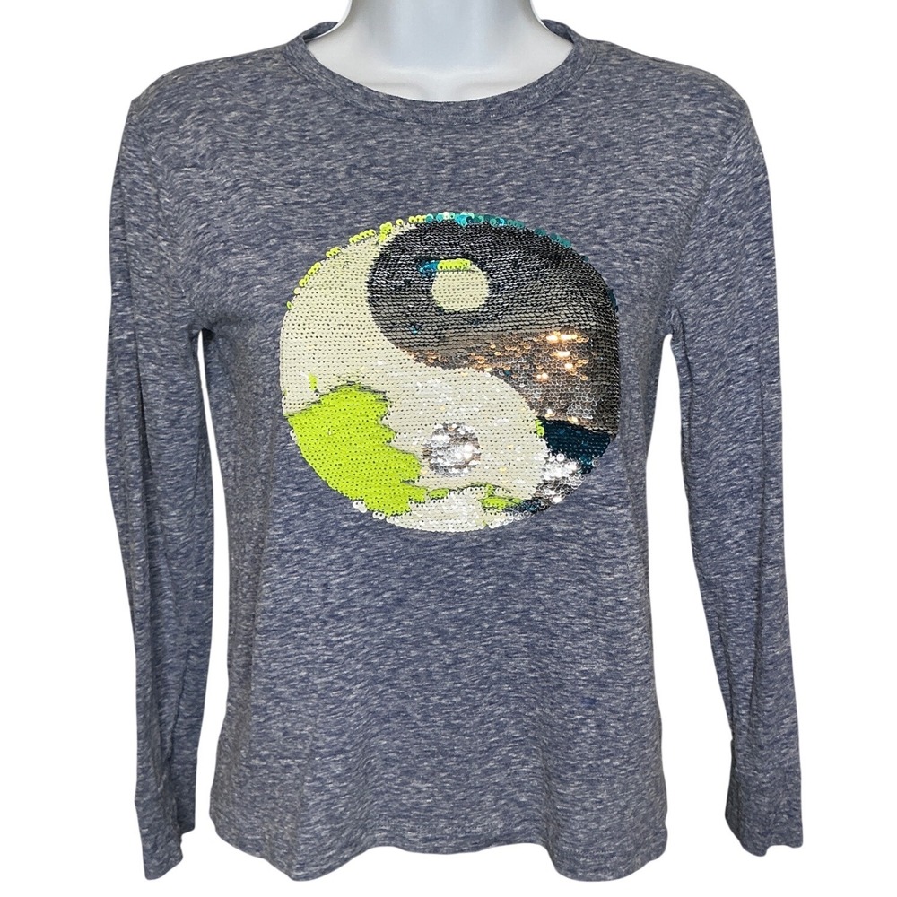 J Crew Crewcuts Girls Blue Heather Sequin Yin Yang Long Sleeve Graphic Tee Sz 10